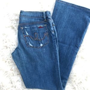 Sacred blue denim jeans low rise slight flare
